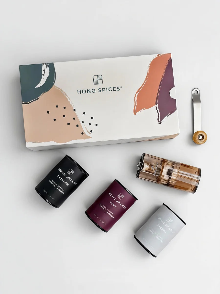 Festive pack of Black, Red, White Kampot Peppers with Mini Grinder