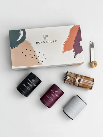 Festive pack of Black, Red, White Kampot Peppers with Mini Grinder